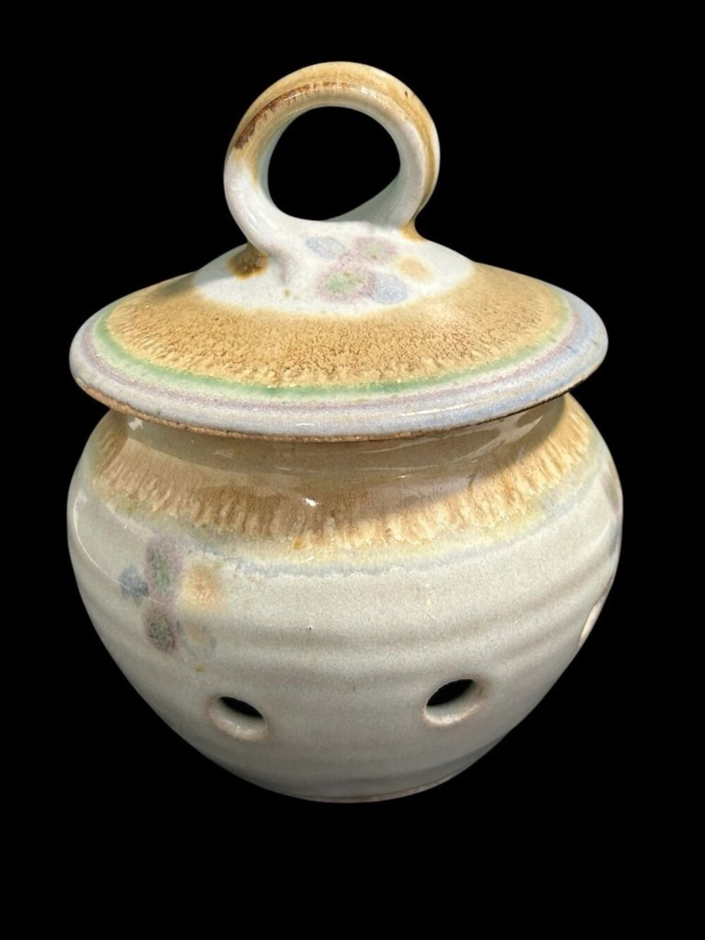 Vintage Artisan Stoneware Drip Glaze Garlic Keeper with Lid Signed Earthtones
